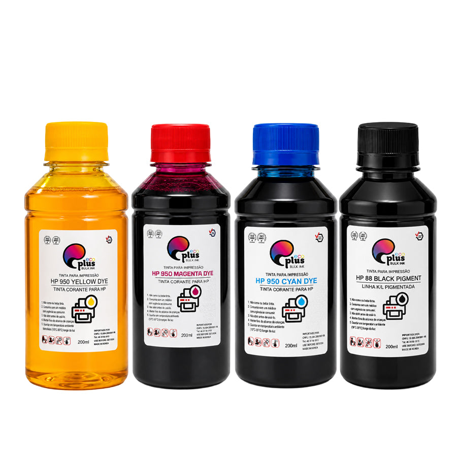 COMBO - 4 Tintas (1 Preto Pigmentado) HP88 e HP950 (3 Corante Colorido)