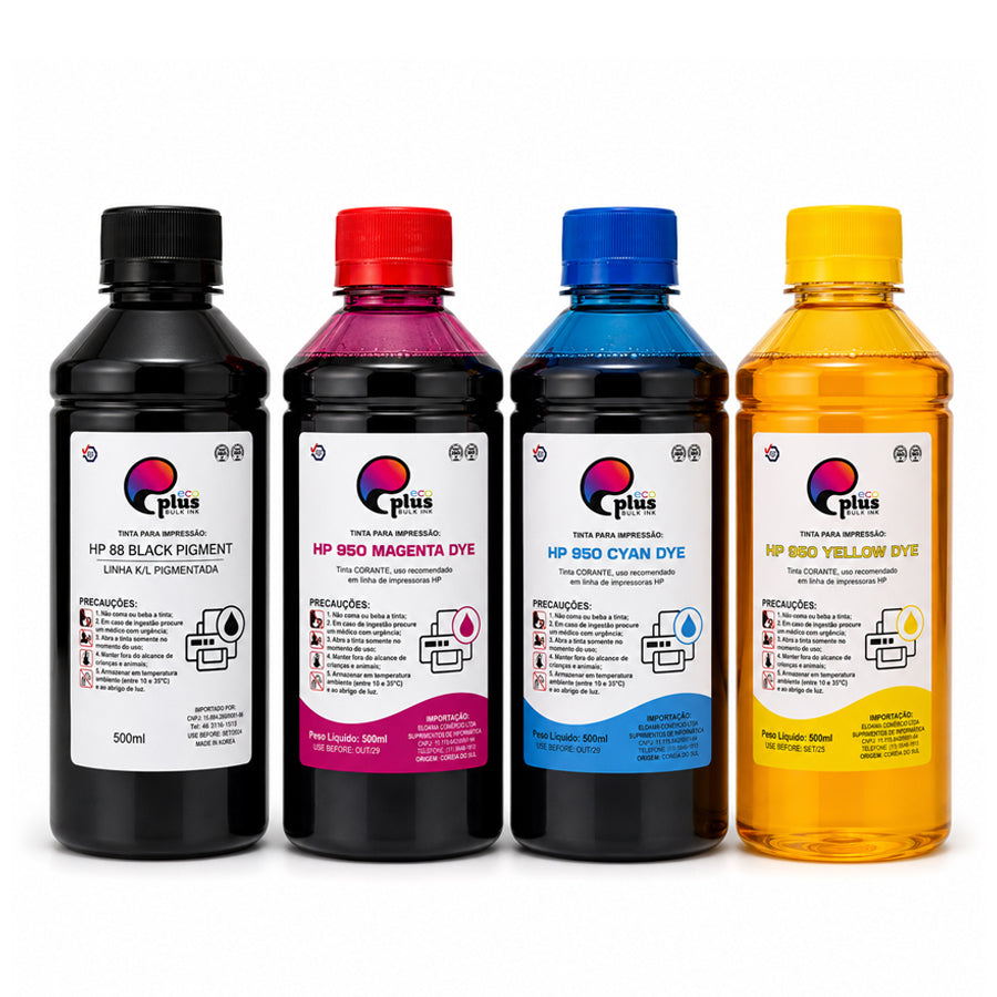 COMBO - 4 Tintas (1 Preto Pigmentado) HP88 e HP950 (3 Corante Colorido)